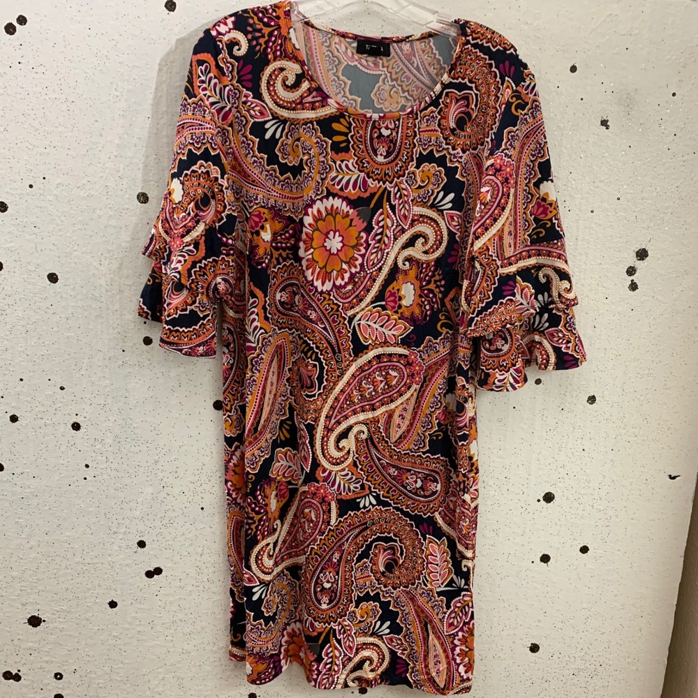 Tacera Womens Paisley Ruffle Bell Sleeve Shift Dress Navy Orange Pink Large 2689